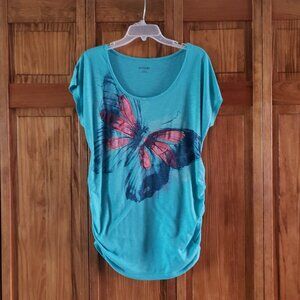 MOTHERHOOD maternity light turquoise print cap sleeve top sz L woman's